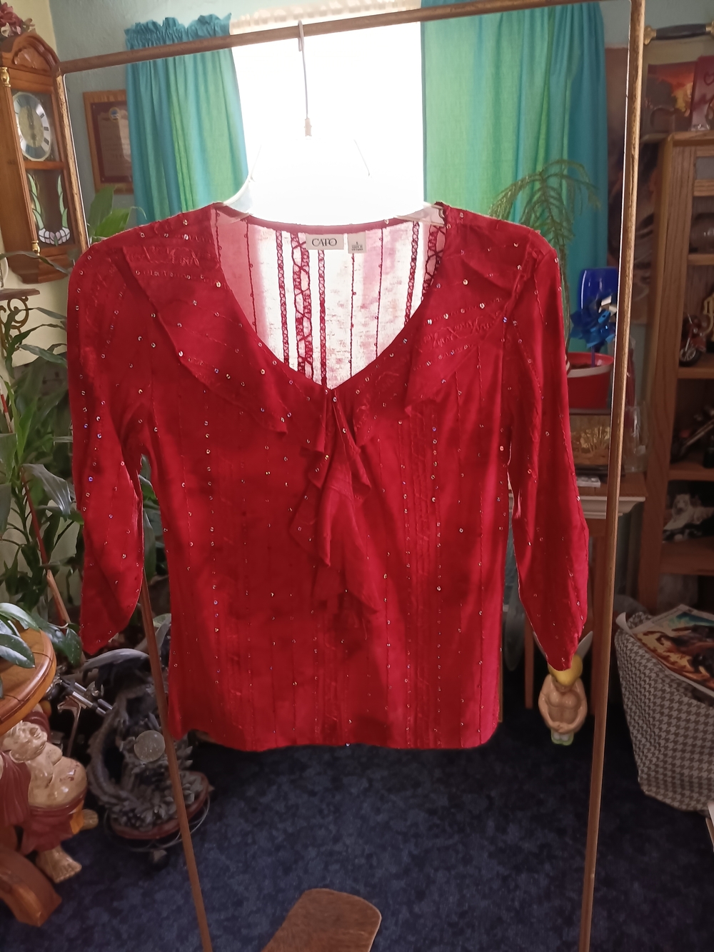 Cato Red Sequin Ruffle-Tie Women's Blouse